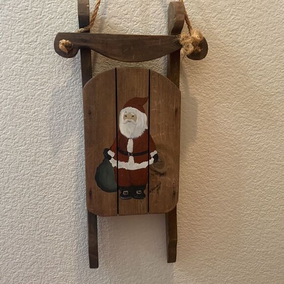 Santa And Gift Bag Christmas Holiday Wooden Rope Hanging Sleigh By B Builor Used - Picture 3 of 6